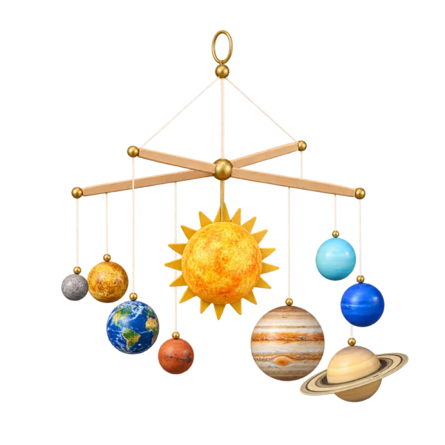 Realistic-style illustration of solar system hanging mobile