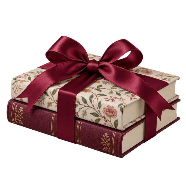 Two decorative books stacked and tied with a burgundy ribbon bow