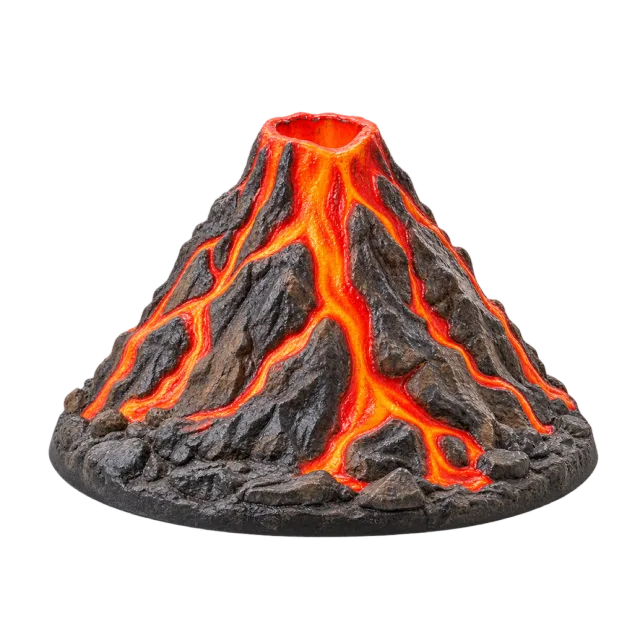 Realistic-style illustration of volcano model with orange lava