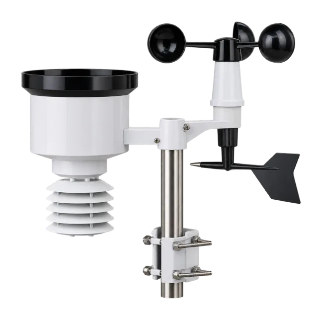 Realistic-style illustration of weather station instrument with rain gauge and wind cups