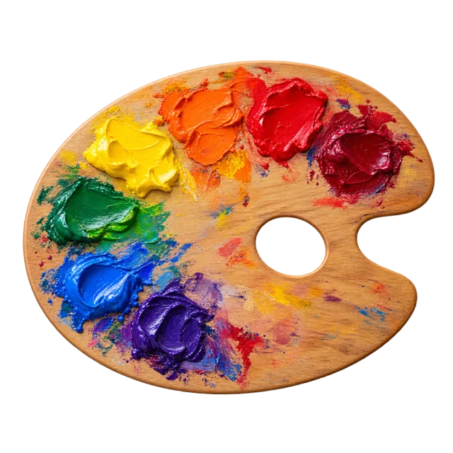 Realistic-style illustration of wooden artist palette with bright paint daubs
