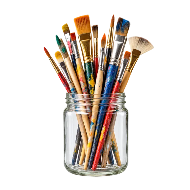 Realistic-style illustration of jar of assorted paintbrushes