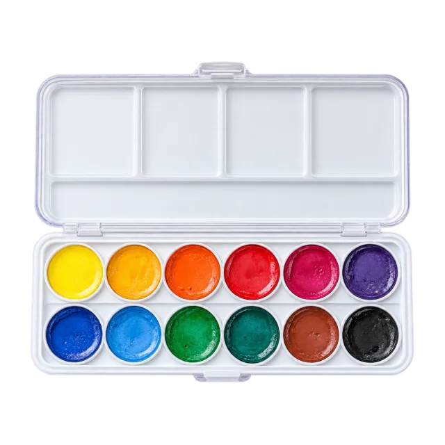 Realistic-style illustration of watercolor paint tray