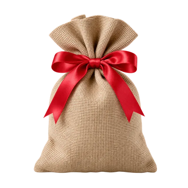 A gathered burlap gift bag fastened with a bright red satin bow