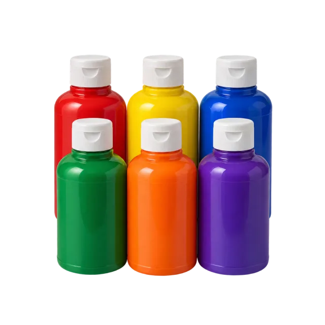 Realistic-style illustration of six colorful paint bottles