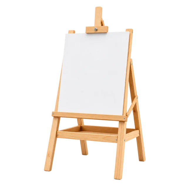 Realistic-style illustration of wooden art easel with blank canvas