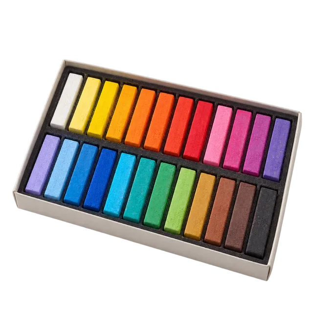 Realistic-style illustration of pastel sticks in an open tray