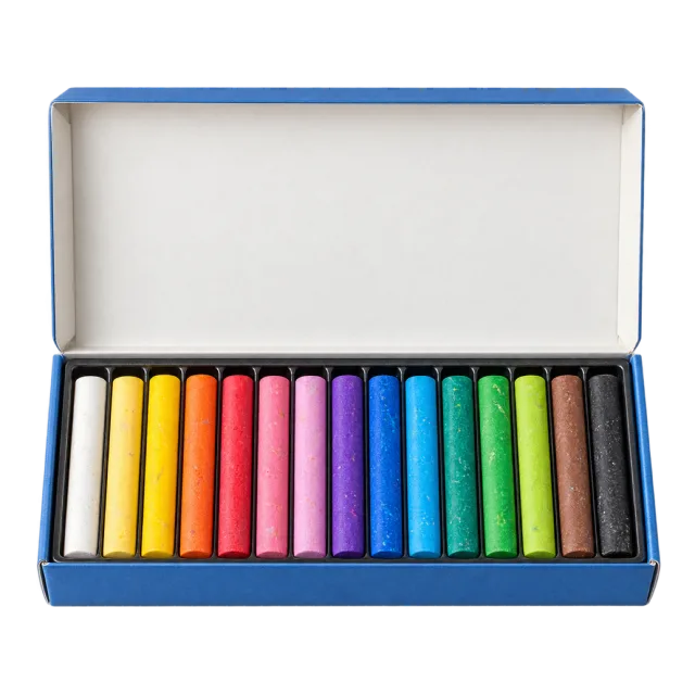 Realistic-style illustration of oil pastel set in an open box