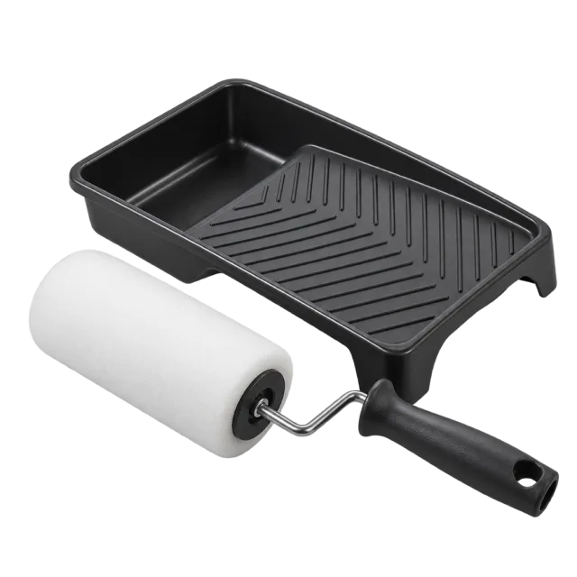 Realistic-style illustration of foam paint roller beside a paint tray