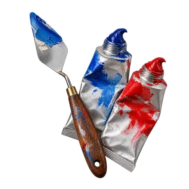 Realistic-style illustration of palette knife beside two paint tubes