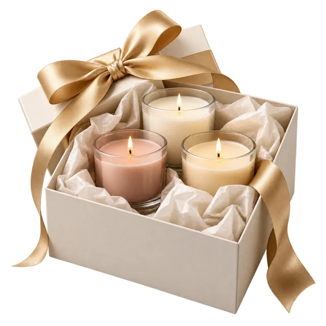 Three lit candles in glass jars arranged in a fabric-lined cream box with a gold bow