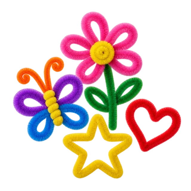 Realistic-style illustration of chenille pipe cleaners bent into simple shapes