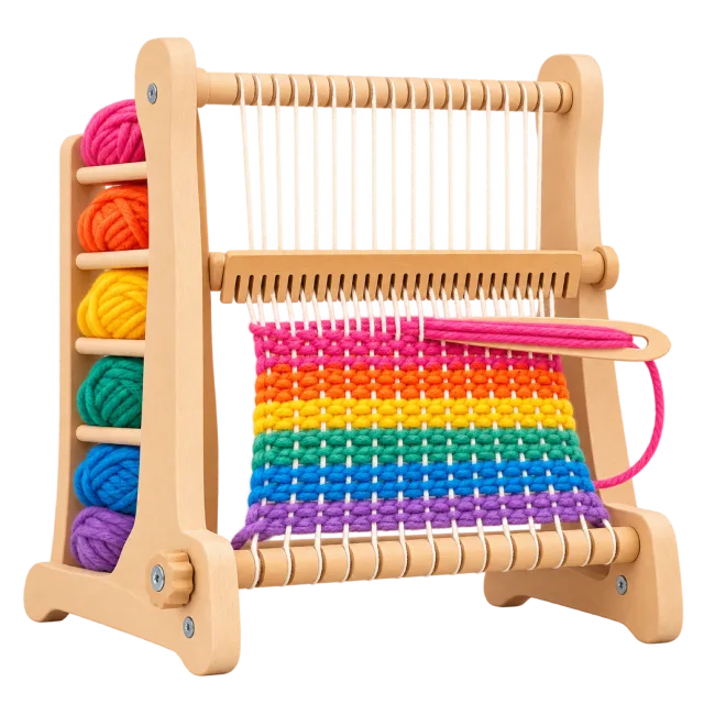 Realistic-style illustration of wooden weaving loom with colorful yarn