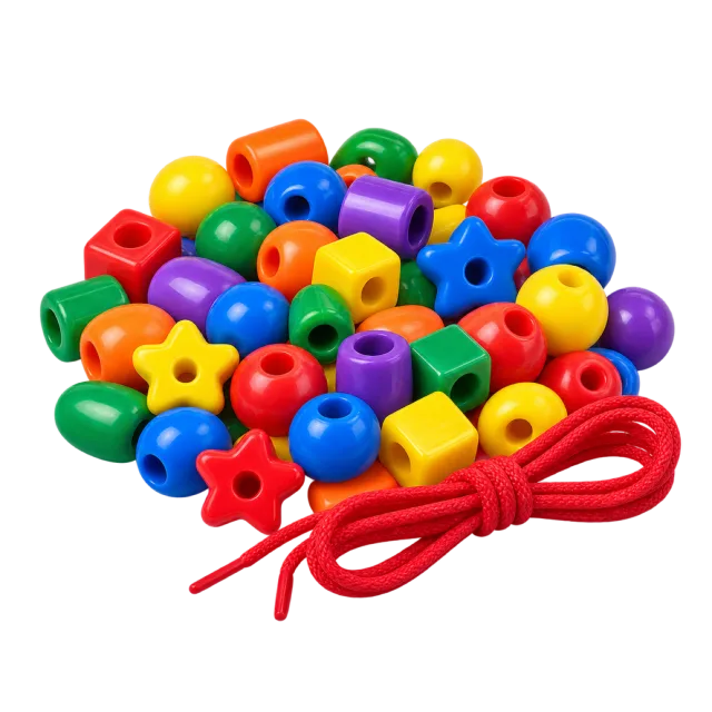 Realistic-style illustration of plastic beads and a threading cord