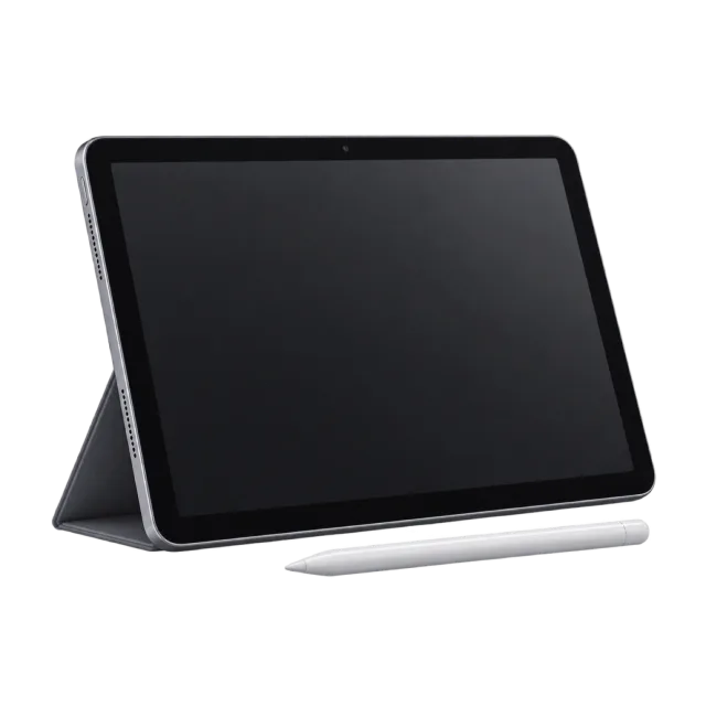 Realistic-style illustration of classroom tablet with blank screen and stylus