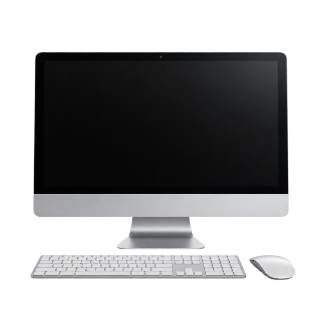 Realistic-style illustration of desktop computer monitor keyboard and mouse with blank screen
