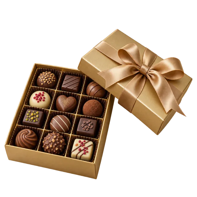 An open gold box containing assorted decorated chocolates beside its ribbon-tied lid