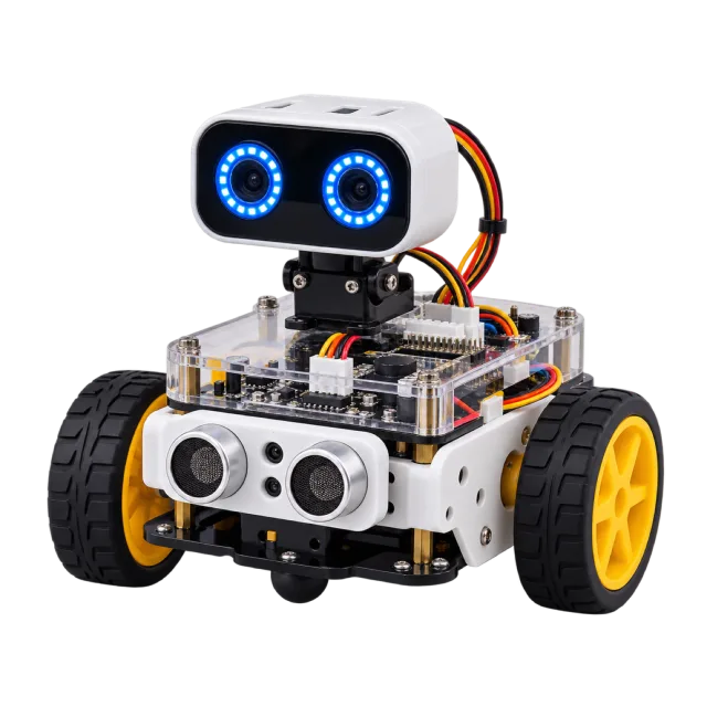 Realistic-style illustration of educational coding robot with wheels