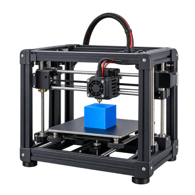 Realistic-style illustration of small 3d printer with a cube model