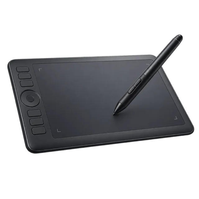 Realistic-style illustration of digital drawing tablet with stylus
