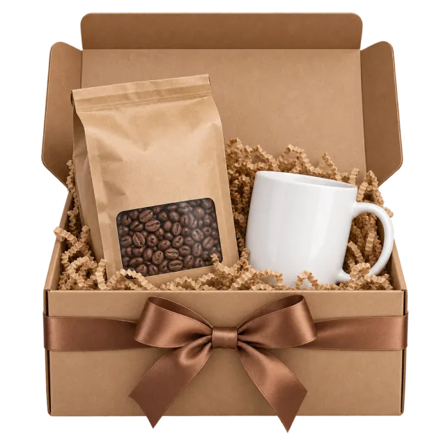 An open kraft box containing a coffee bag and white mug on shredded paper filling