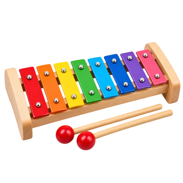 Realistic-style illustration of colorful xylophone with two mallets