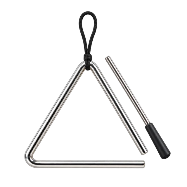 Realistic-style illustration of triangle percussion instrument with striker