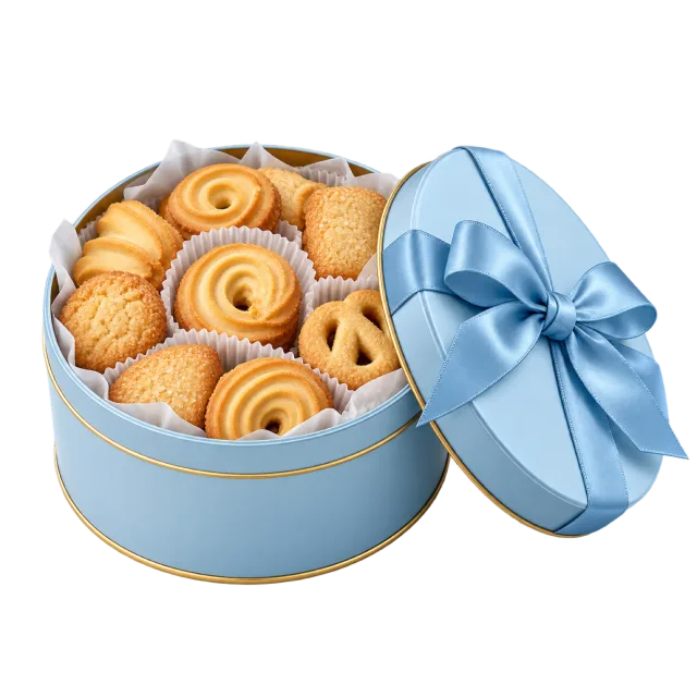 An open pale blue round tin filled with assorted cookies beside a matching ribbon lid