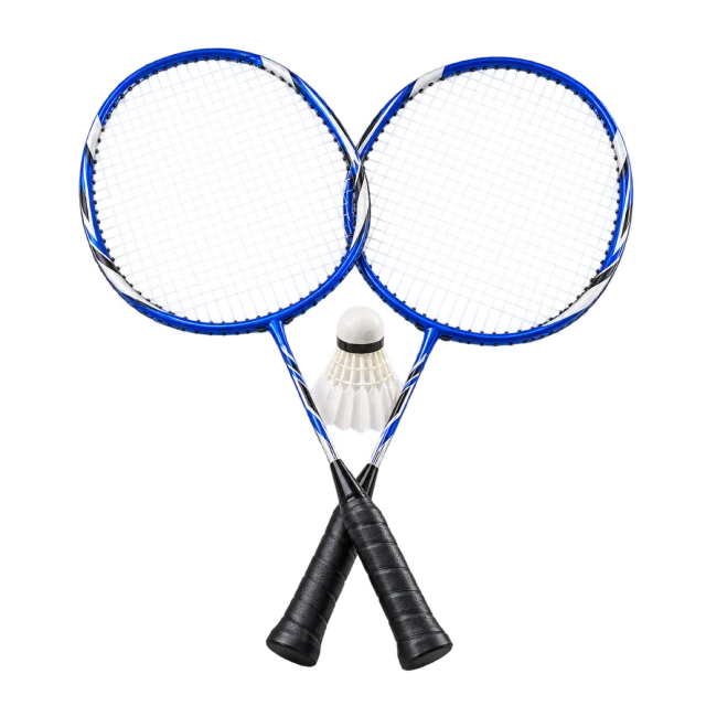 Realistic-style illustration of pair of badminton rackets and shuttlecock
