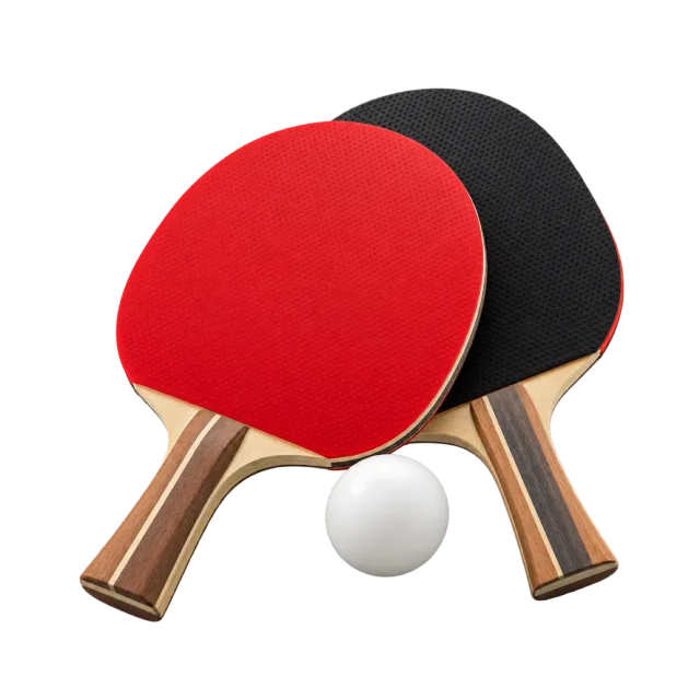 Realistic-style illustration of pair of table tennis paddles with a white ball