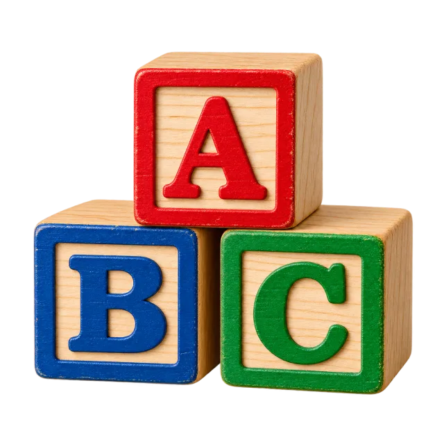 Realistic-style illustration of wooden ABC alphabet blocks