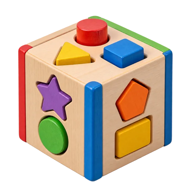 Realistic-style illustration of wooden shape sorting cube