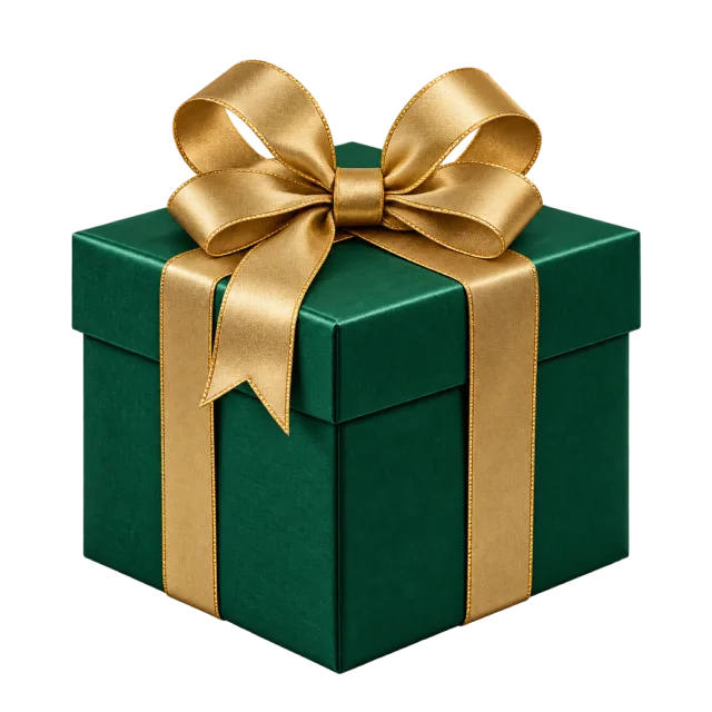 A deep green square gift box tied with a gold satin ribbon and bow