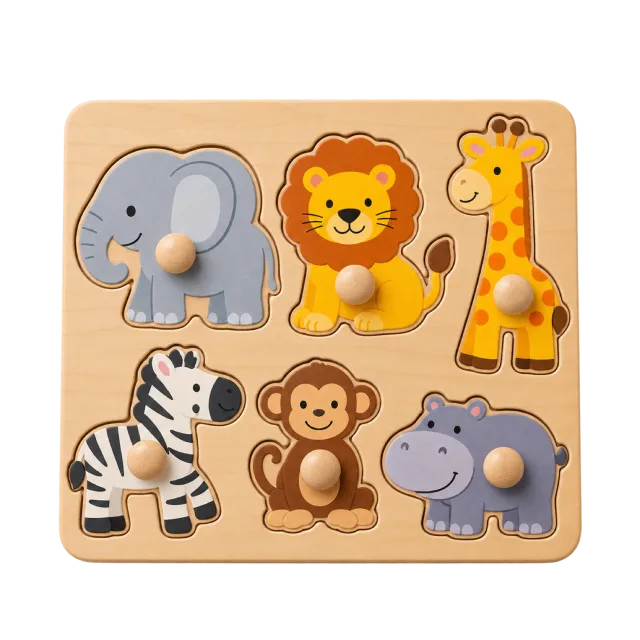 Realistic-style illustration of wooden peg puzzle with simple animal shapes