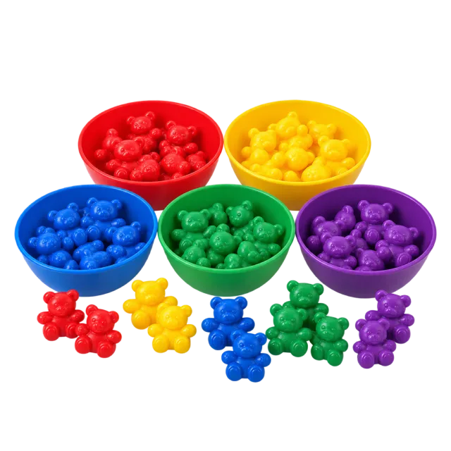 Realistic-style illustration of color matching sorting bowls with counters