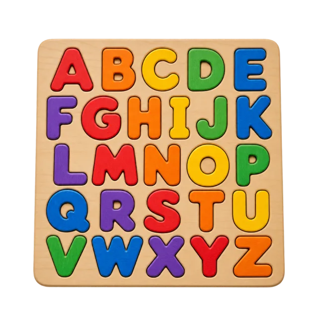 Realistic-style illustration of colorful alphabet puzzle board