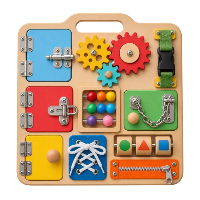 Realistic-style illustration of sensory activity board with latches and gears