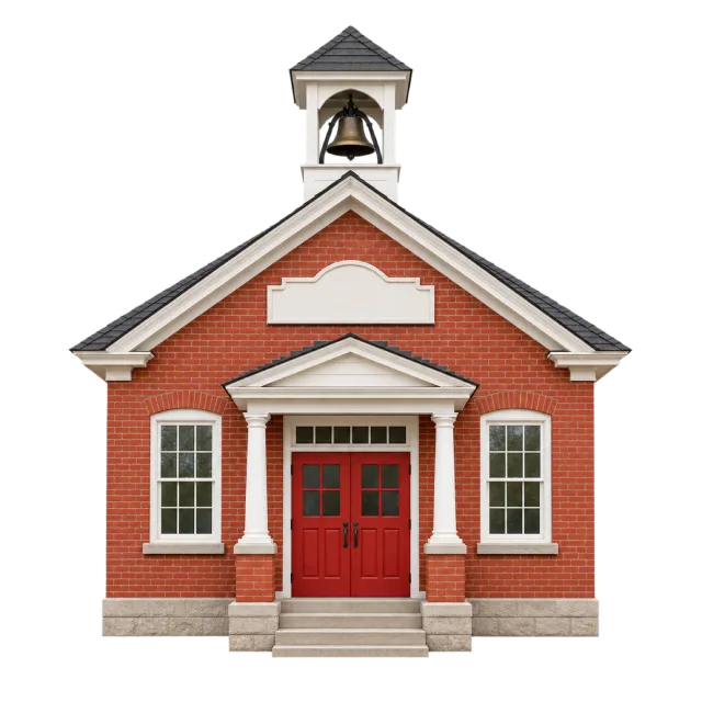 Realistic-style illustration of small red brick schoolhouse with blank sign