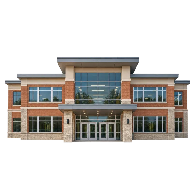 Realistic-style illustration of modern two story school building