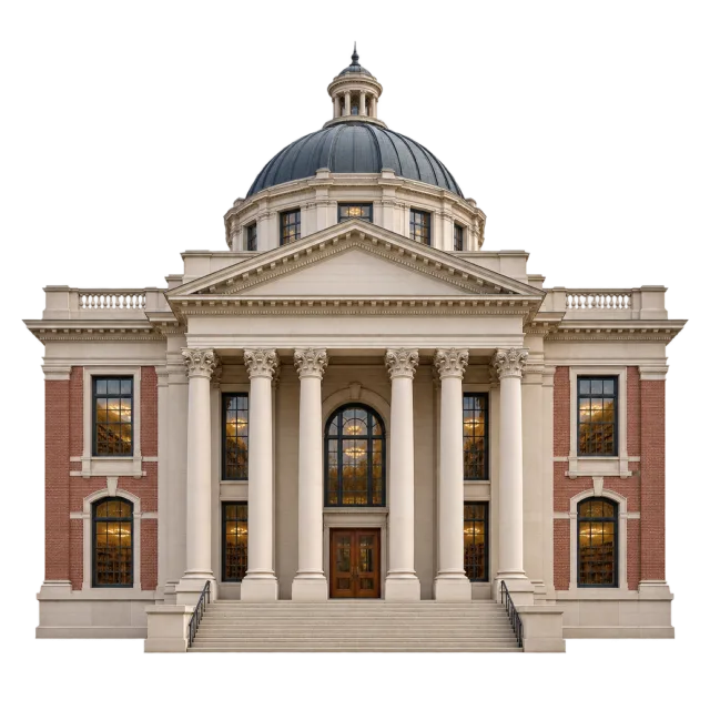 Realistic-style illustration of university library building with columns
