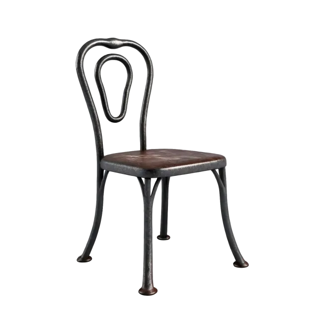 Black metal bistro chair with a curved loop backrest and a brown seat on a transparent background
