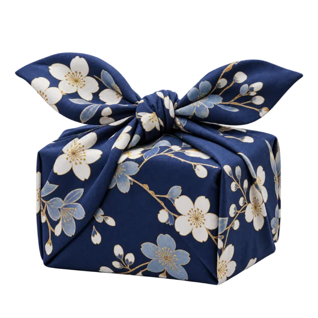 A square package wrapped in navy floral fabric knotted at the top