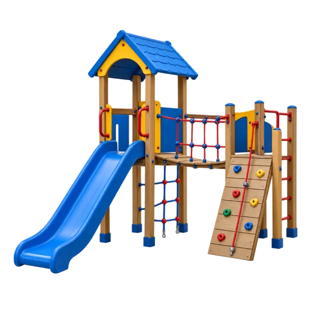 Realistic-style illustration of playground slide and climbing frame