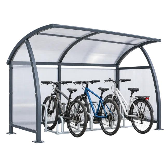 Realistic-style illustration of covered bicycle rack with bicycles