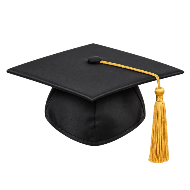 Realistic-style illustration of black graduation cap with gold tassel