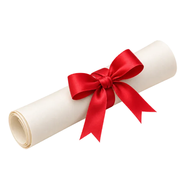 Realistic-style illustration of rolled diploma tied with red ribbon