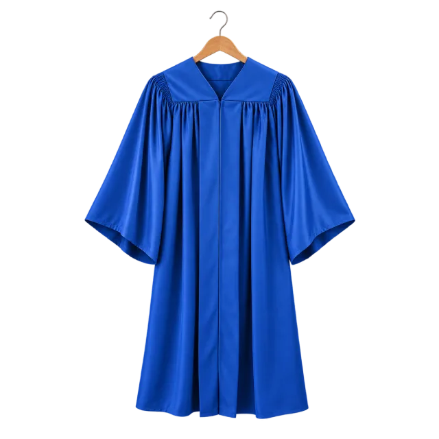 Realistic-style illustration of blue graduation gown on a hanger