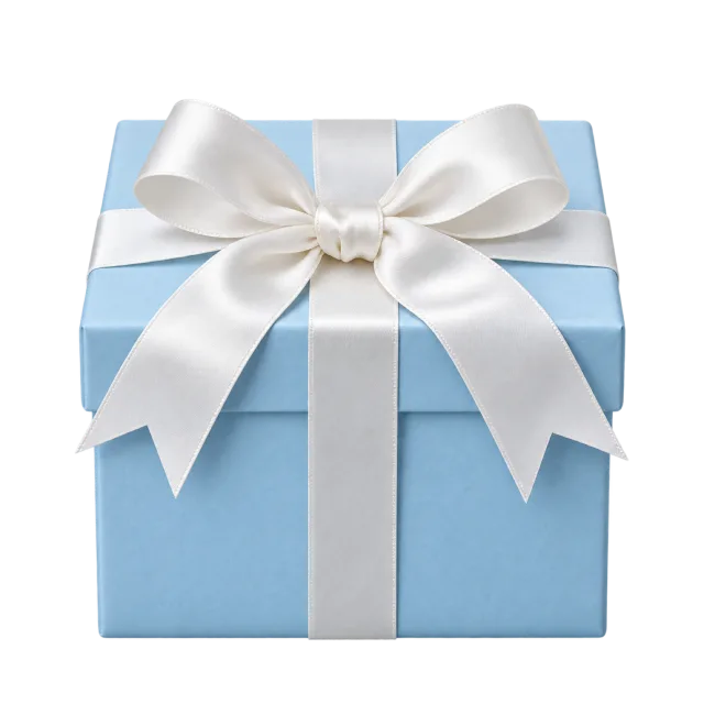 A shallow pale blue present wrapped with white satin ribbon
