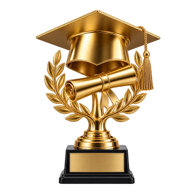 Realistic-style illustration of gold academic trophy with blank plaque