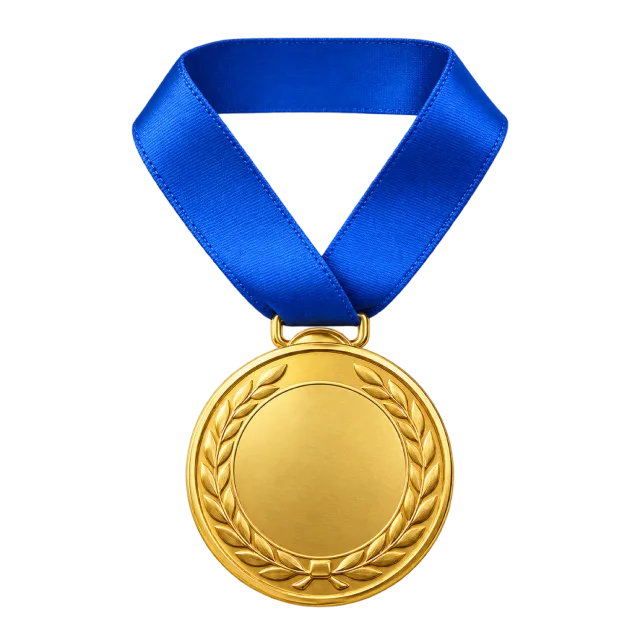 Realistic-style illustration of gold medal on blue ribbon